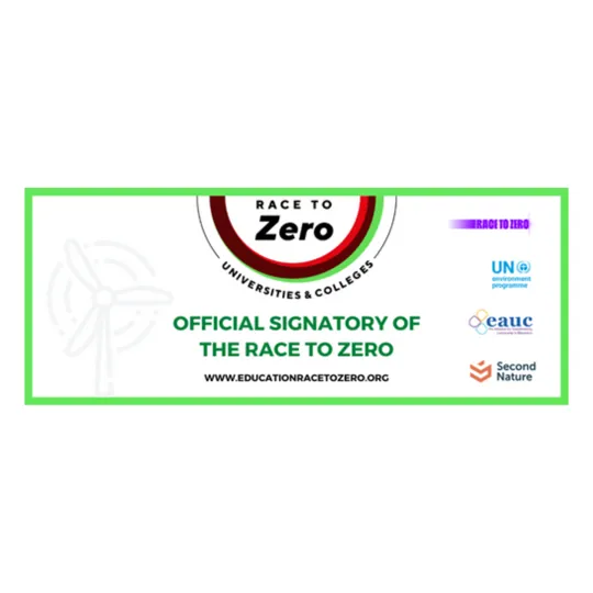 A logo that says Race to Zero Universities and Colleges - Official signatory of the the race to Zero. www.educationracrtozero.org. There are the partnership logos UN environment programme, EAUC and second nature.