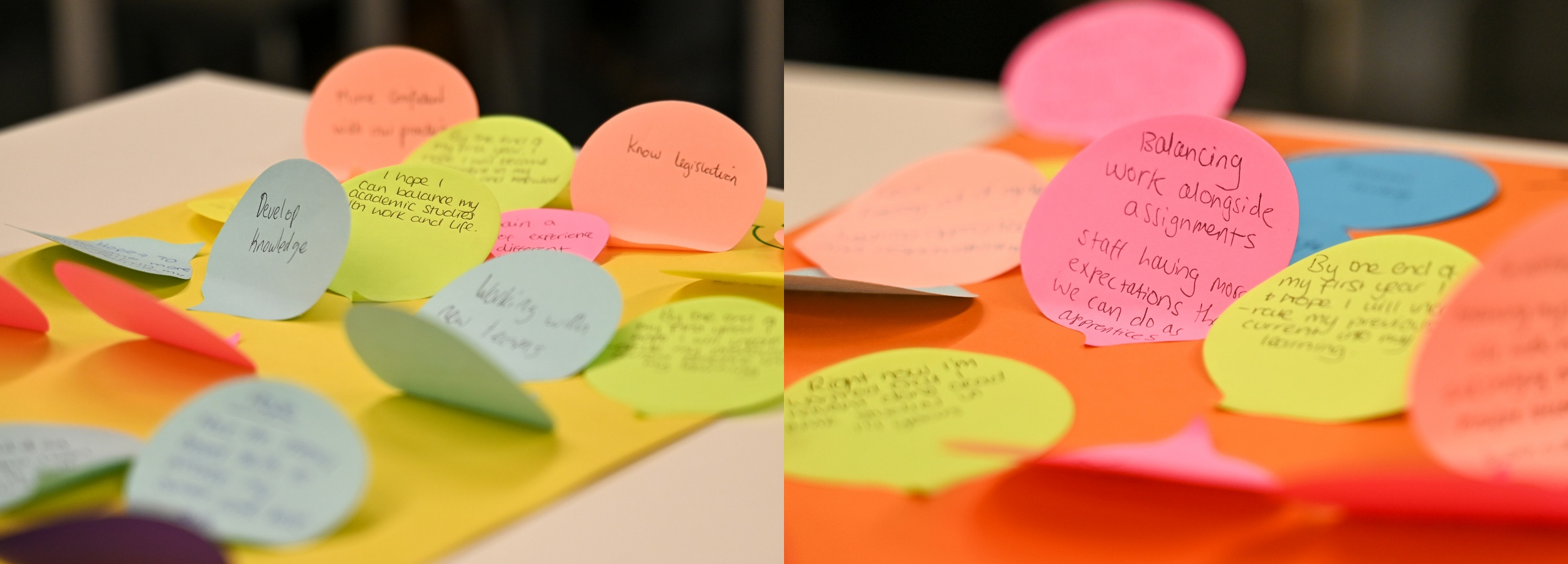 Coloured post-it notes carry the hand-written hopes and fears of UCB's new social work apprentices