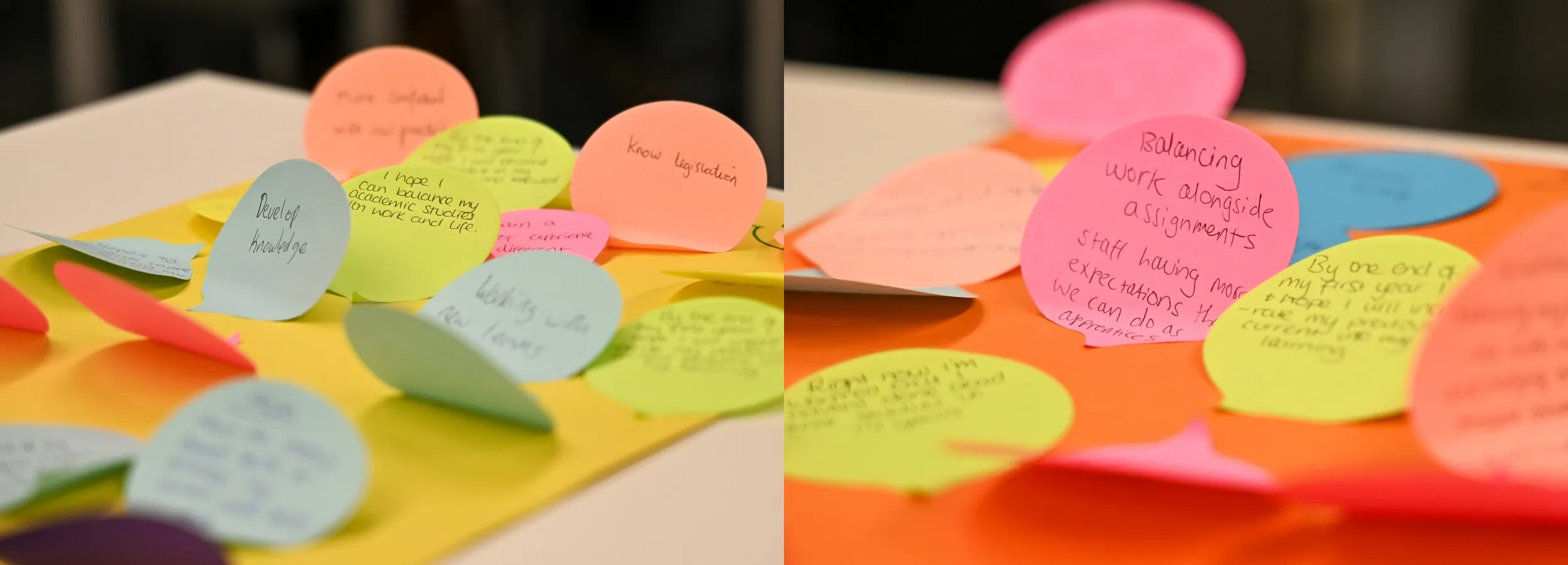 Coloured post-it notes carry the hand-written hopes and fears of UCB's new social work apprentices