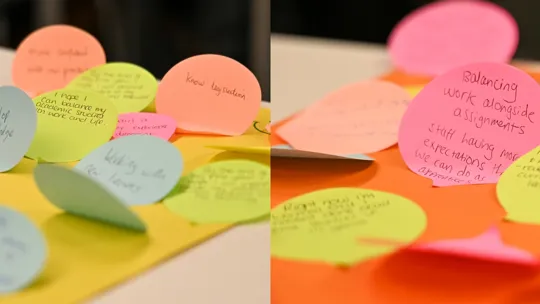 Coloured post-it notes carry the hand-written hopes and fears of UCB's new social work apprentices