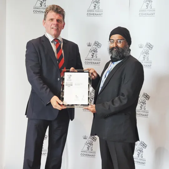 UCB's David Paulson and Supinder Singh Varaitch pictured with the Defence Employer Recognition Scheme Silver Award.