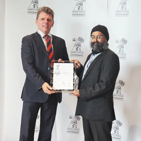 UCB's David Paulson and Supinder Singh Varaitch pictured with the Defence Employer Recognition Scheme Silver Award.
