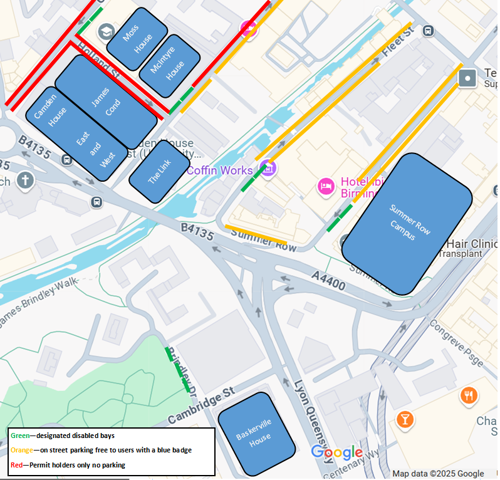 Accessible parking and on street parking around UCB map