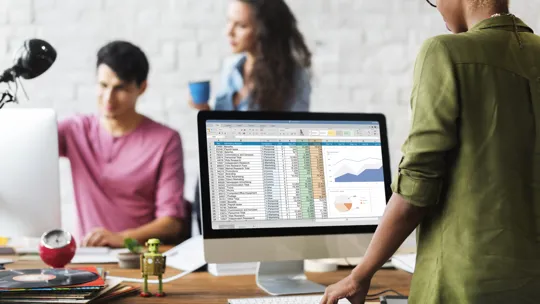 Lady stood in an office environment looking at computer screen with a table and graphs showing.