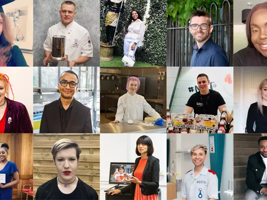 A collated image of 15 individual's success stories.