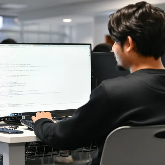 Male coding on a computer with a female in the background looking at her computer.